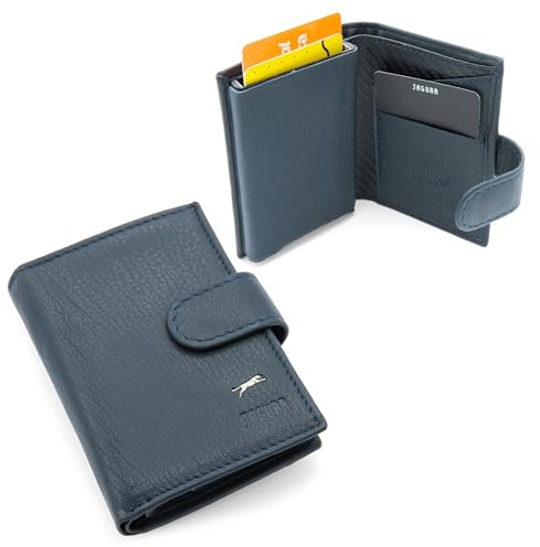 JAGUAR Porta Carte di Credito Uomo in Pelle Dotato di Protezione RFID e Logo Distintivo, Portacarte Uomo Portadocumenti Leggero e Comodo, Idea Regalo per Compleanno (Blu)