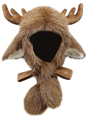 FakeFace Weihnachtsmütze Rentier Geweih und Ohren Plüschmütze Kuschelig Elchmütze Nikolausmütze Weihnachts Partyhüte Santa Hat Braun Fasching Karneval Party Kostüm