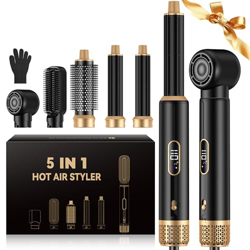 UMIGA Hårstyler multistyler 1000 W 5-i-1 hårstyler LCD Hair Styler Set | Multistyler med rund borstfön, locktång, hårplattång, 3 temperaturnivåer för volym, utjämning, lockar och blowout styling