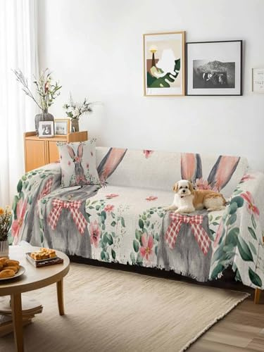 Bunny Easter Sofa Cover Blanket Couch Covers for Armchair Cushion,Couch Sofa Silpcover with Tassel,Spring Floral Eucalyptus Leaves Rustic Living Room Bedroom Throw Towel Blanket Covers XX-L 71x150