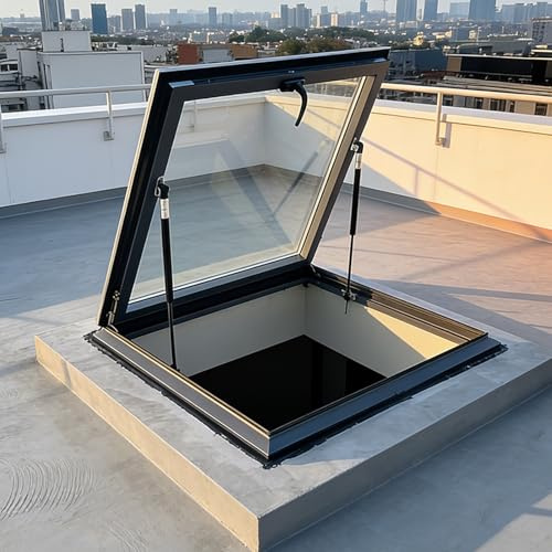 Double Glazed Roof Window with Built-in Access Hatch and Gas Struts for Flat Roofs