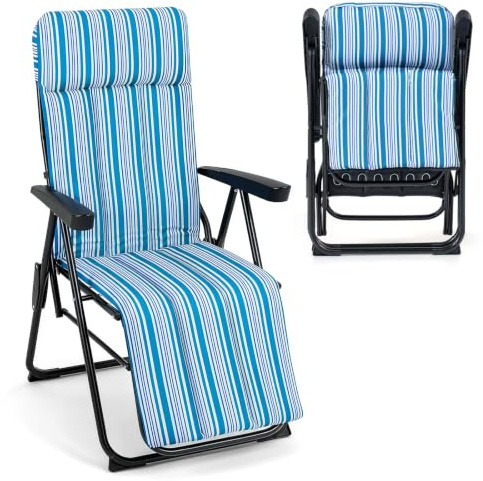 COSTWAY Chaise Longue Pliante Jardin, Bain de Soleil Pliable, Dossier Réglable 6 Positions, Coussin Rembourré, Accoudoirs, Patins Antidérapants, Transat pour Camping Piscine, Charge 150 kg