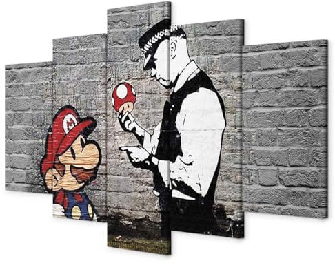 B&D XXL - Quadro Banksy Mario Collage 200x100 cm 5 Pezzi - Stampa su Tela Grande - Quadri Moderni Componibili Camera da Letto Matrimoniale - Stampe da Parete Arte - Poliziotto i-B-0040-b-m