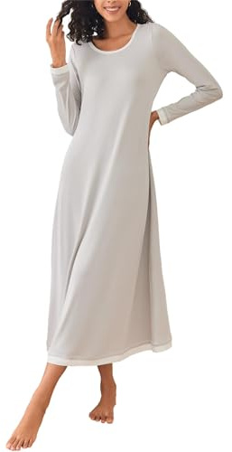 Ekouaer Camicia da Notte Manica Lunga Donna Camice da Notte in Cotone Lungo da Notte Invernale Pigiama Comodo Ampio Tinta Unita Abbigliamentoda Casa Grigio Chiaro XXL