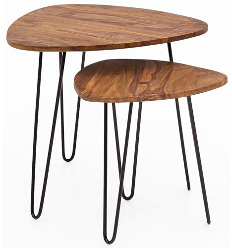 FineBuy Design Satztisch FB51455 Sheesham Metall Beistelltisch 2er Set klein, Couchtisch Set 2 Holz Tische, Massivholz Wohnzimmertisch Metallgestell, Schmaler Sofatisch Ablagetisch Braun