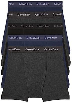 Calvin Klein Men's Cotton Classics 5-pack Boxer Brief, 2 Blue Shadow Body W/Blue Shadow Waistband, 2 Charcoal Heather Body W/Charcoal Heather Waistband, 1 Black Body W/Black Waistband, Large