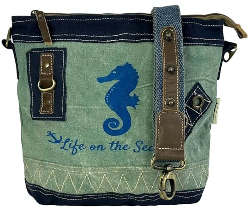 Sunsa Damen Maritim Umhängetasche. Crossover Bag aus Canvas & Leder. Kleine Vintage Stil Tasche als praktische Geschenkidee für Frauen/Mädchen. Damentaschen mit Seepferd Aufdruck