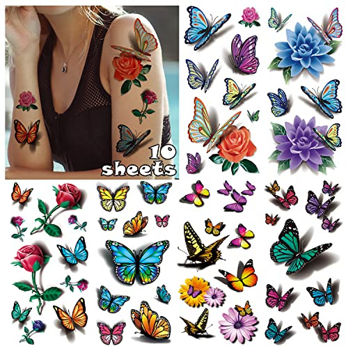 LEADTEAM Tatuajes Temporales Adultos, 88 Pieza Tatuajes Falsos Calcomanias, 3D Mariposa Tatoos Temporales Adultos para Fiestas (10 Hojas)