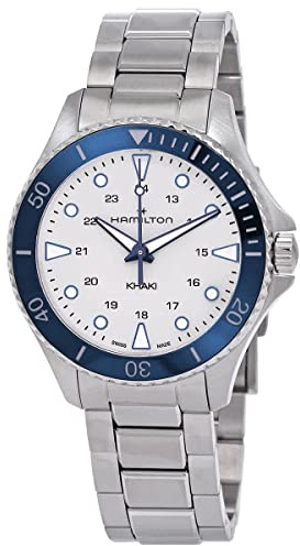 Hamilton Herren Analog Quarz Armbanduhr Khaki Navy Scuba | Swiss Made, silbernes Zifferblatt, Analoguhr, wasserdicht bis 100 m, Saphirglas, Edelstahlband