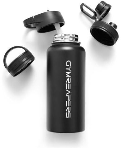 Gymreapers Insulated Water Bottle - Stainless Steel 32 Oz, 3 lids (Straw, Chug, Canteen), Double Walled Vacuum Insulation, Thermo Mug Cold Hot - Durable Powder Coated Finish (Black)