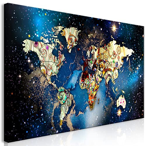decomonkey Bilder Weltkarte 120x60 cm 1 Teilig Leinwandbilder Bild auf Leinwand Vlies Wandbild Kunstdruck Wanddeko Wand Wohnzimmer Wanddekoration Deko Welt Kontinente Abstrakt Galaxy Blau Klimt