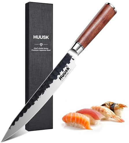 Huusk Japanese Slicing Knife 8 Inch Sushi Knife, Hand Forged Sashimi Knives with Ergonomic Handle for Carving Turkey Cutting Meats, Vegetables, and Fruits, Gifts Idea for Men and Women