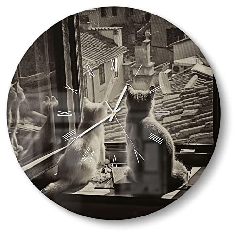 DEQORI Glasuhr | rund Ø 50 cm | Motiv Katzen auf Fensterbrett | große XXL Design Uhr aus Glas | leise Wanduhr für Wohnzimmer & Küche | moderne Hingucker Uhr für die Wand
