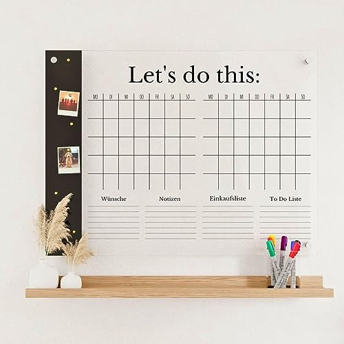 Wunsch Kalender - personalisierter Wandkalender - 2-Namen Kalender mit Magnetboard - wiederverwendbarer Kalender aus Acrylglas - Familienplaner abwischbar - Hingucker für jeden Raum