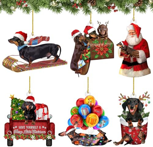 Weihnachtsbaumschmuck, Christbaumschmuck, 6 Stück Weihnachtsanhänger, Dackel Geschenke, Christmas Decorations, Acryl Spaß Weihnachten Ornamente, Weihnachtsdeko Hängend, Christbaumschmuck Dackel