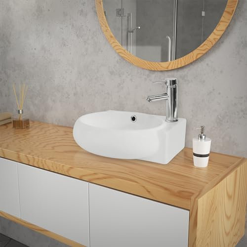 ML-Design Lavabo en Céramique, Ovale, 43x28x15 cm, Blanc, Trou pour Robinetterie à Droite, Montage Mural ou Sur Plan, Vasque à Poser, Lave Mains Petit Évier Supendu pour Salle de Bain Toilette WC