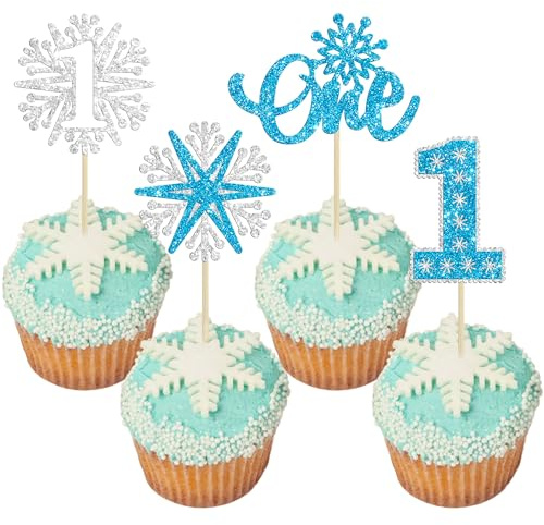 24Pcs One Snowflake Cupcake Toppers Blue Glitter Winter Snowflake 1st Birthday Cupcake Picks First Birthday Cake Decorations for Winter Wonderland Kids 1st Birthday Party Supplies