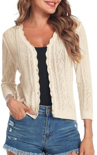 Gyabnw Cardigan Donna Elegante con Bottoni Coprispalle Donna Estivo Casual Cardigan in Maglia Cava a 3/4 Maniche Lavorato a Bolero Shrug A-Beige,L