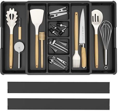 iDavosic.ly Besteckkasten für Schubladen, Erweiterbarer Besteckeinsatz für Schubladen Cutlery 0rganizer Küche, Verstellbarer Besteckhalter Besteck Spoon Gabeln Kunststoff Küchenutensilien, Schwarz