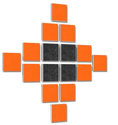 platino24 Wandbild Quadrate 16-teilig I 3D-Set Colore Quadrat 27,5 x 27,5 cm Multicolore I Basotect ® G+ Akustikpaneele mit Akustikfilz I Schalldämmung für Wand & Decke I Anthrazit & Orange
