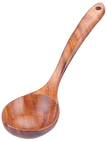 Holzkelle, 25cm Suppenlöffel aus Teakholz, Tiefe Schöpfkelle mit Langem Griff, Hot Pot Suppenlöffel, Küchenlöffel zum Kochen, Rühren, Servieren