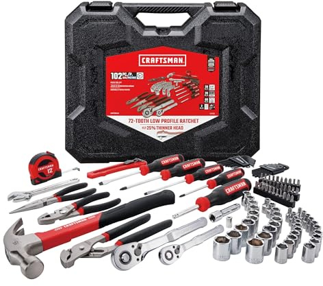 CRAFTSMAN 102-Piece Tool Kit for Home and Car, Durable Hand Tools Set with SAE and Metric Socket Set, Screwdrivers, Wrench, Hammer, Pliers, Knife, Hex Keys, Specialty Bits, Tape Measure (CMMT99449)