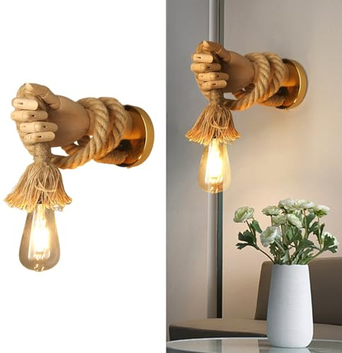 CRFASIBE Applique da Parete Retro a Forma Di Pugno con Corda di Canapa-E27 | Lampada da Parete Creativa in Simulazione di Legno,Lampadina non Inclusa,per Camera da Letto,Soggiorno- Mano Destra