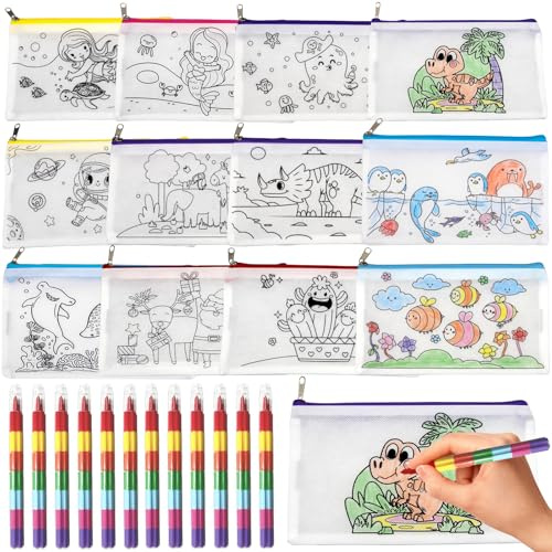 12 Stofftaschen zum Bemalen mit Reißverschluss und verschiedenen Motiven | 7-in-1-Wachsmalstifte, kreative Gestaltung und praktische Aufbewahrung