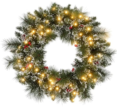 HOMCOM Weihnachtskranz 60cm Türkranz mit 50 LEDs Zapfen Timer Batteriebetrieben Weihnachten Adventskranz Künstlicher Haustür Kränze Weihnachtsdeko für Außen Innen Weihnachten Advent Haustür, Fenster