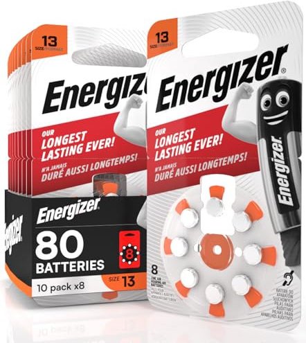 80 Batterie Acustiche Energizer per Apparecchi Acustici Auricolari Misura 13 Arancione - 10 Blister da 8 Pile
