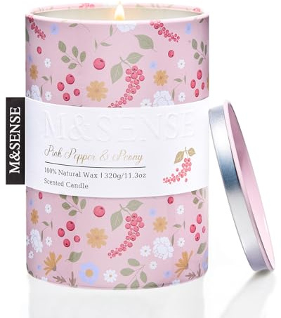M&SENSE Vela perfumada – Peonía de pimienta rosa (320 g 70 h de combustión), vela de cera de soja natural, libre de contaminantes, combustión limpia, ideal para el hogar, bienestar y regalo