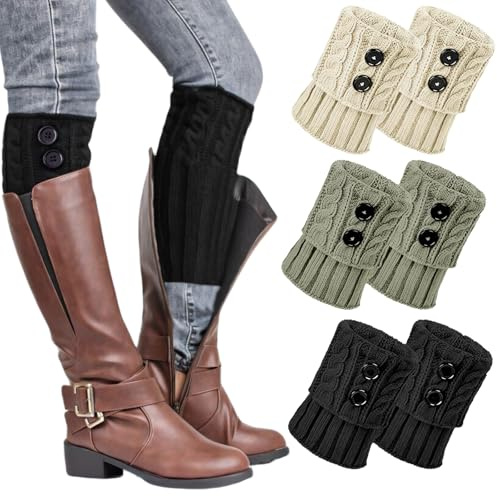 KEYRI 3 Paires Guêtres Femme, Bouton Crochet Jambière Tricotées Guetre Femme Hiver Chaudes Courte Chaussettes Boot Jambières Chaudes pour Ballet Yoga (Noir+Gris+Beige, Taille Unique)