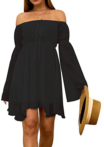 FDKLOOK Womens Dresses Off Shoulder Bell Sleeve Summer Mini Fairy Dress | Flowy Chiffon Dress,Long Sleeve,Solid Color,Casual,Party,Holiday,Lace-Up,Mini Lenght,A-Line Irregular,Corset Dress