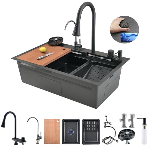 Bokaiya Black Kitchen Sink, 75x45x21cm, Multifunction Waterfall, Raindance Professional Countertop Single Bowl Kitchen Sink Stainless Steel Washbasin with High Pressure Pull-Out Faucet