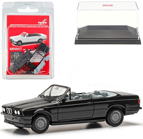 B*M*W 3er E30 M3 Cabrio Schwarz 1982-1994 Bausatz Kit mit Sockel und Vitrine H0 1/87 Herpa Modell Auto mit individiuellem Wunschkennzeichen