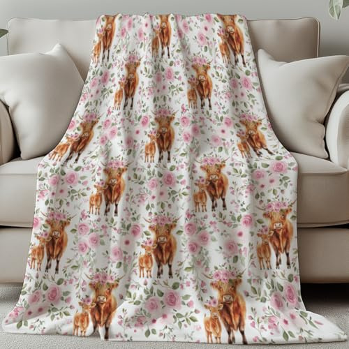 GLOBLELAND Highland Cow Roses Throw Blanket 59×51 inch | Flowers Soft Cozy Flannel Throw Washable Fuzzy Blanket For Home Office Room Bed Sofa Chair Gift Women Man Birthday