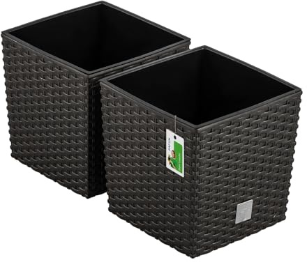 2X Blumentopf Blumenkübel Rattan-Optik 6,8 Liter - 20 x 20cm - Pflanzkübel mit Einsatz, Übertopf für Garten, Balkon & Innenbereich, wetterfest, Kunststoff, Umbra