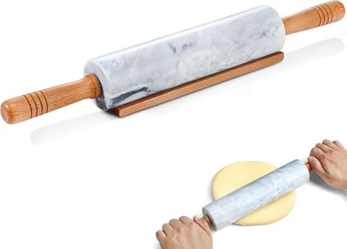 48.0 cm Marmor Nudelholz mit Holzgriffen & Basis - Marmor Nudelholz zum Backen, Gebäck, Pizzateig & mehr - Polierte Antihaft-Oberfläche, langer Teigroller (Weiß)