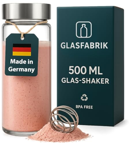GLASFABRIK Premium Glas Shaker Proteinshake 500 ml | Made in Germany | Edelstahlkugel | Nachhaltiger Protein Shaker aus Glas | 100% BPA-frei | Geschmacksneutral & auslaufsicher