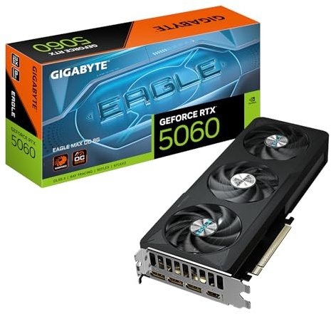GIGABYTE GeForce RTX 5060 Eagle MAX OC 8G Tarjeta Gráfica – 8 GB GDDR7, 128 bits, PCI-E 5.0, frecuencia de núcleo 2550 MHz, 3 x DisplayPort, 1 x HDMI, NVIDIA DLSS 4, GV-N5060EAGLEMAX OC-8GD