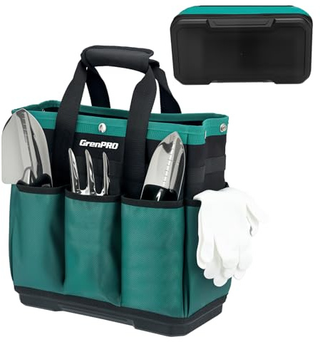 GRENPRO Heavy Duty Garden Tool Bag, Molded Bottom, 10 Pockets, Dark Green | Reinforced garden organizer tote stands upright with a molded base and top snap closure for tool storage. Tools not included