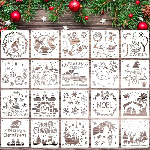 MWOOT 20 Stück Weihnachts Schablonen zum Malen auf Holz,Wiederverwendbare Weihnachts Schablonen für Basteln, Feiertagsvorlagen für Leinwand, Wand, Weihnachtsbaum Schmuck & DIY Wohnkultur, 15x15cm