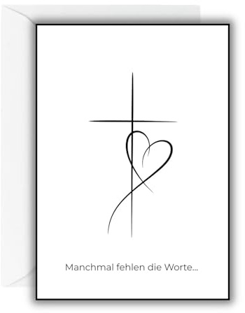 WBdesignz Trauerkarte „Manchmal fehlen die Worte…“ mit weißem Umschlag – christliche Beileidskarte – Kreuz-und-Herz-Motiv – für Anteilnahme, Trauer – für Angehörige, Familie, Trauernde (DIN A6)