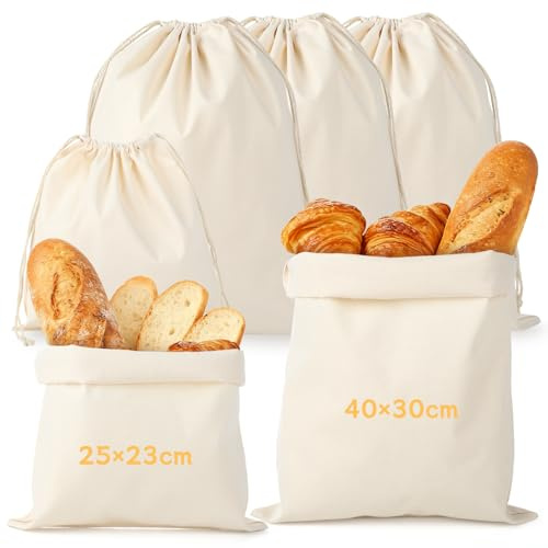 FAMCUCHE 6 Pièces Sac a Pain, 4 Pièces 40×30 cm et 2 Pièces 25 × 23 cm Sacs à Pain en Lin avec Cordon, Réutilisable Sac en Tissu pour Pains, Fruits, Légumes Garder Frais