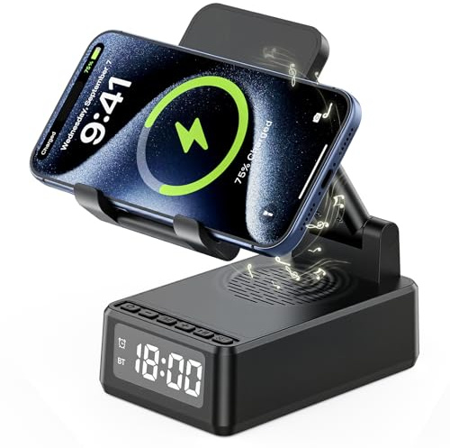 UYOTBKEUB Wireless Charger Stand with Bluetooth Speaker and Alarm Clock, 5-in-1 Foldable Phone Charging Station for iPhone Samsung, Nightstand Charger for Home Office, Gift for Men Women