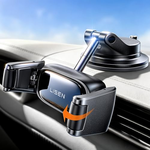 LISEN Car Phone Holder [2026 Industry-First] Dashboard/Windscreen Mobile Car Phone Mount Suction Phone Holder for Cars for iPhone 17 16 Pro Max Samsung S26 Gadgets,Black Medium