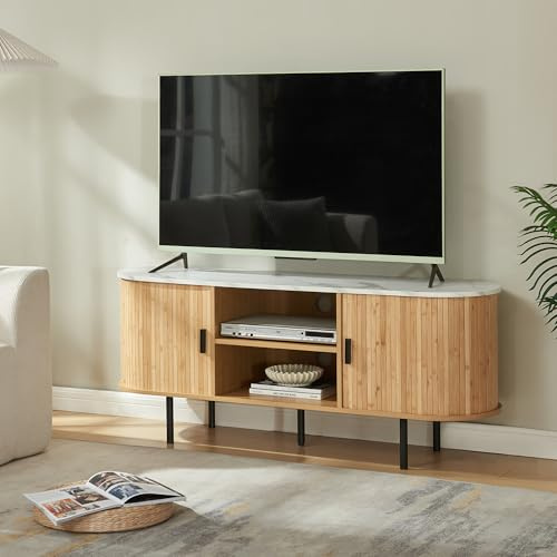 [en.casa] TV Schrank Tvedestrand Lowboard mit 2 Schiebetüren und 2 Ablagefächern Bambus Fernsehschrank 140 x 40 x 55 cm Sideboard Kommode mit Metallgestell Fernsehtisch Marmorweiß/Naturfarben