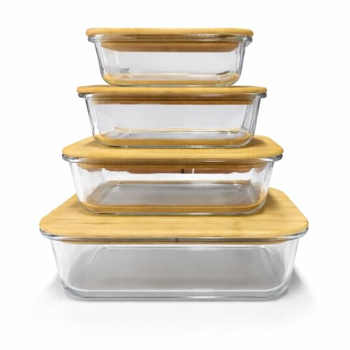 Visario Frischhaltedosen Glas 4er Set – 370, 640, 1050 & 1520 ml Vorratsdosen mit Bambusdeckel | Borosilikatglas | Luftdicht | BPA-frei | Meal Prep | Mikrowelle, Ofen, Gefrierschrank & Spülmaschine