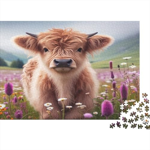 Mucca Highland Puzzle per Adulti Puzzle 1000 Pezzi Carta Prato Fiorito Gioco di Puzzle 1000 Pezzi Relax Famiglia Decorazione Casa Regalo 38x26cm/1000pcs