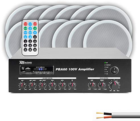 12x 5 Ceiling Speakers 100V Line with Bluetooth Amplifier System 60W - Multi-Zone Audio Kit Ideal for Offices, Restaurants, Retail, Schools, Churches, Mosques & Commercial Background Music